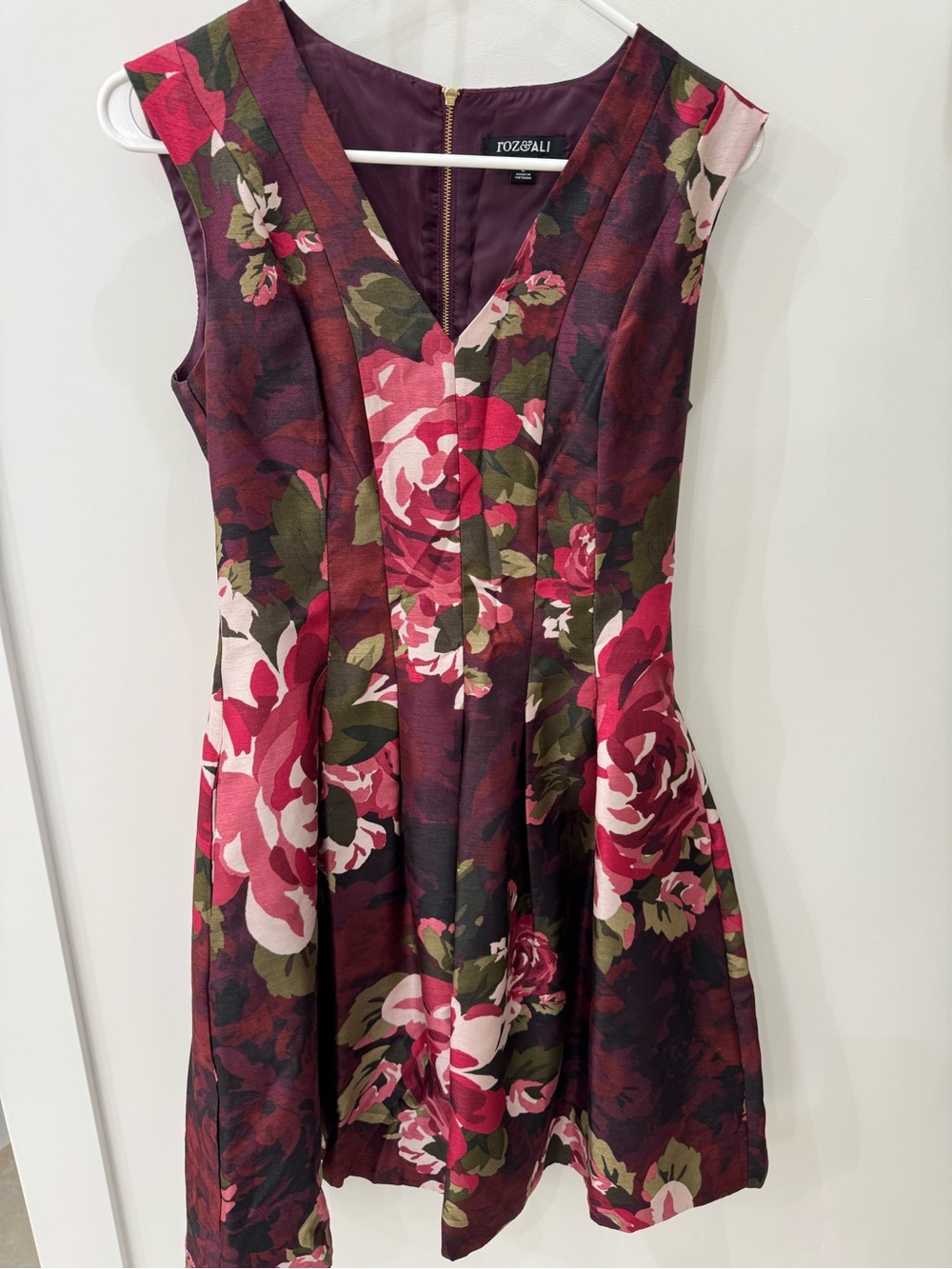 Roz & Ali Burgundy and Pink Floral V-Neck Fit & Flare Dress
